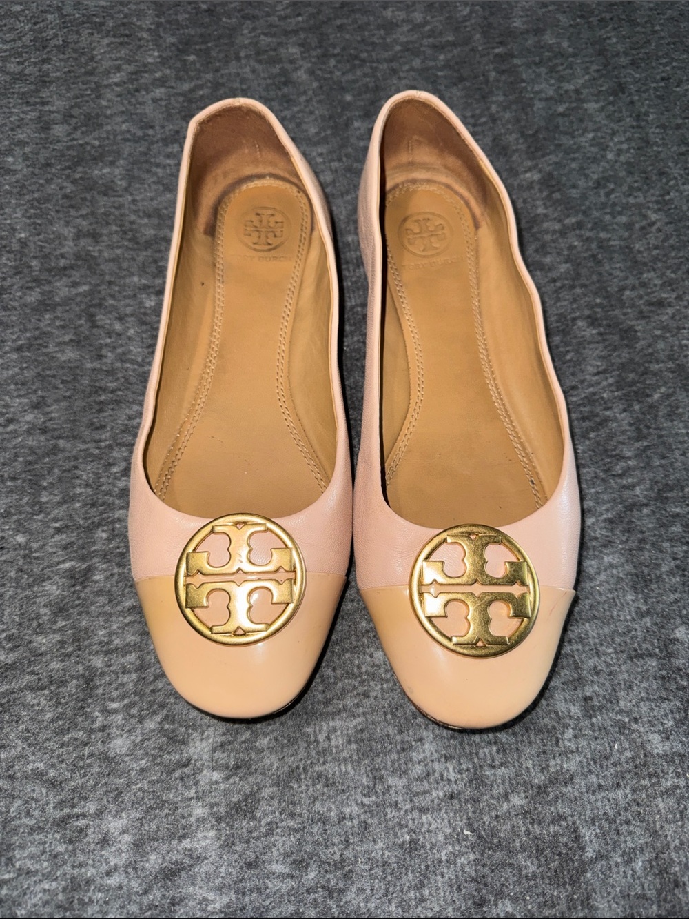 Tory Burch Pink and Beige Two-Tone Logo Ballet Flats